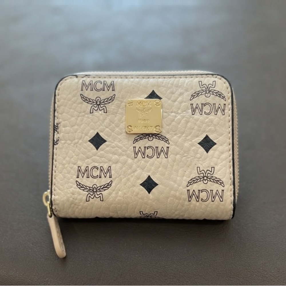 MCM Cream Monogram Zip Wallet with Gold Plate